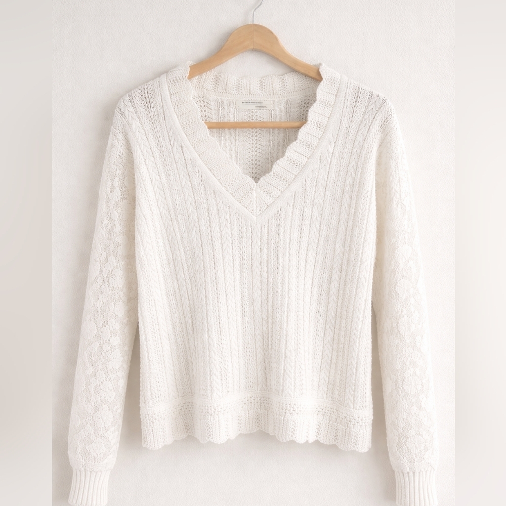 Anthropologie White Lace Sleeve Knit Sweater Size Small Romantic Cottagecore